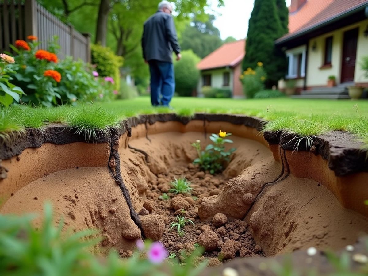 Propadlá zahrada s prasklinami a vychýlenými rostlinami.